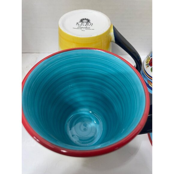 Euro Ceramica Zanzibar Coffee Mugs Set of 4 Boho Chic Blue/Teal Interior - Picture 7 of 8